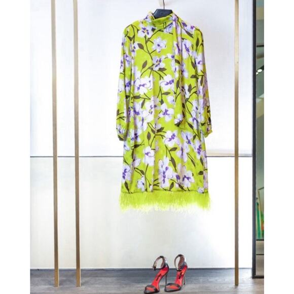 Carolina Herrera Silk Mini Dress M Feathers Long Sleeve Green Floral Neck Tie - Picture 10 of 10